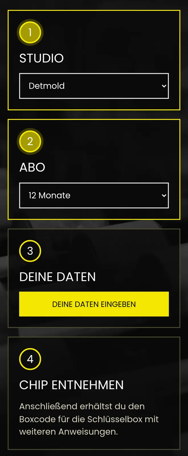 Registrierungsassistent am Handy mit Studio- und Abo-Auswahl